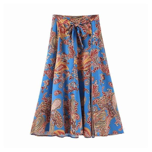 

women retro paisley print skirt elastic high waist sashes a line female casual blue ankle length skirts chic faldas mujer, Black