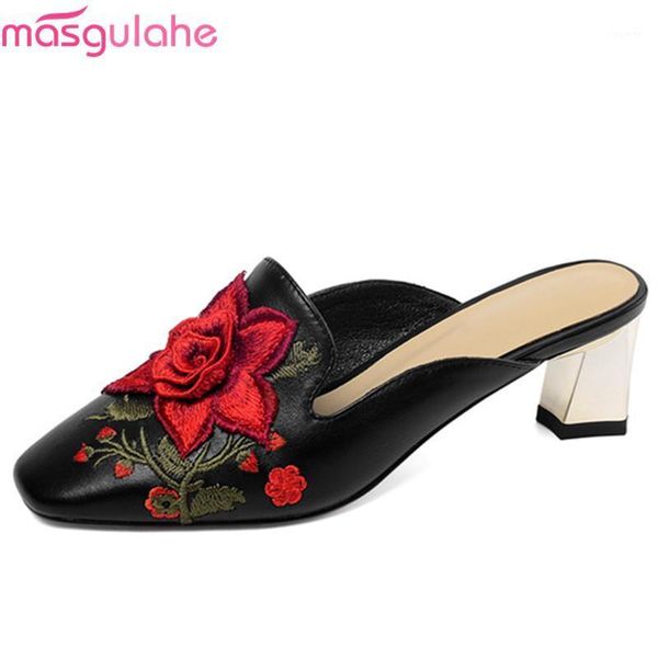 

masgulahe 2020 new style women pumps genuine leather shoes square heels summer mules shoes embroider elegant party woman1, Black