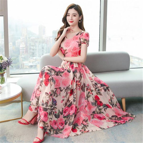 

real sbig swing chiffon dress 2020 summer new o-neck short sleeve temperament lady waist long beach dress1, Black;gray