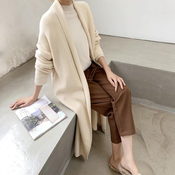

korean womens plus size cardigan long sleeve autumn winter lazy style elegant ladies v neck long knitted sweater cardigan coat, White