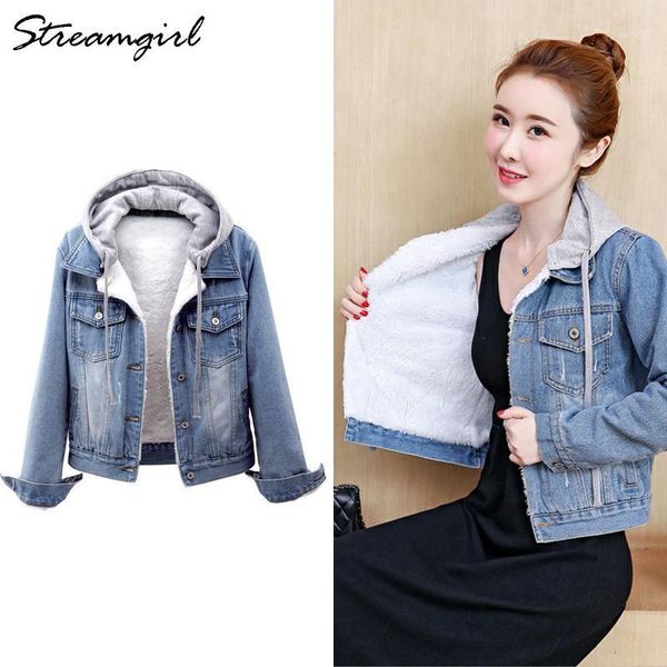 

women's denim jacket with fur winter warm fleece denim jackets for women velvet plus size auutmn jeans jacket women plus size1, Black;brown