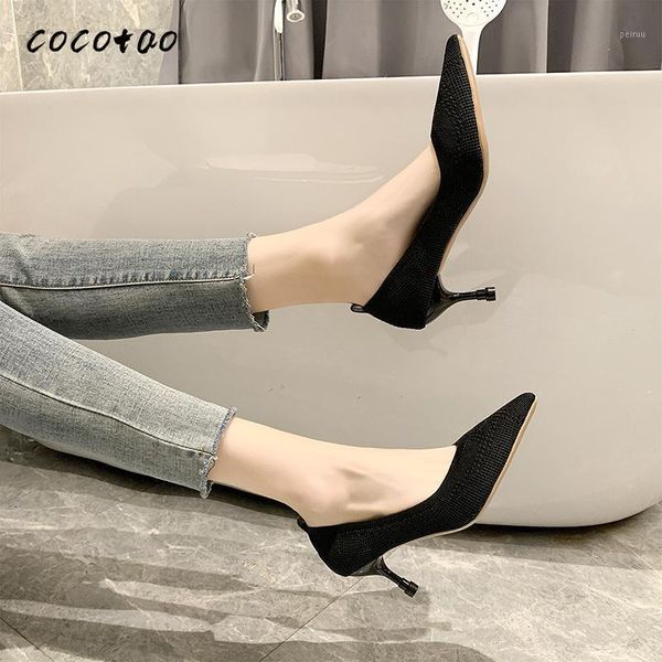 

dress shoes wild single women 2021 spring and summer models pointy fairy high-heeled cat with a pedal breathable knitted -woven1, Black
