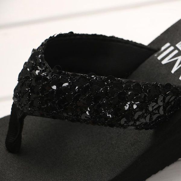 

new ladies sandals summer beach fashion sequins casual flip flops ladies increased wedge heels1, Black