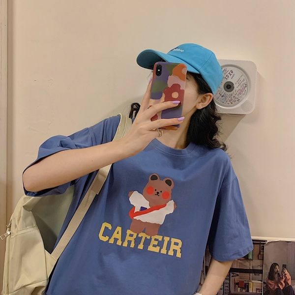 

100 cotton cartoon short sleeve women t-shirt 2020 summer new loose large size student t-shirt women vkrro, White