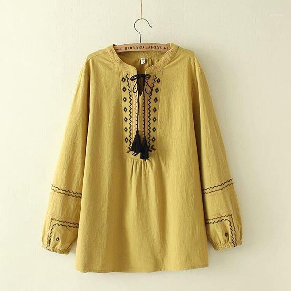 

plus size embroidery tassel women blouse 2019 spring new casual ladies v-neck cotton shirts female1, White