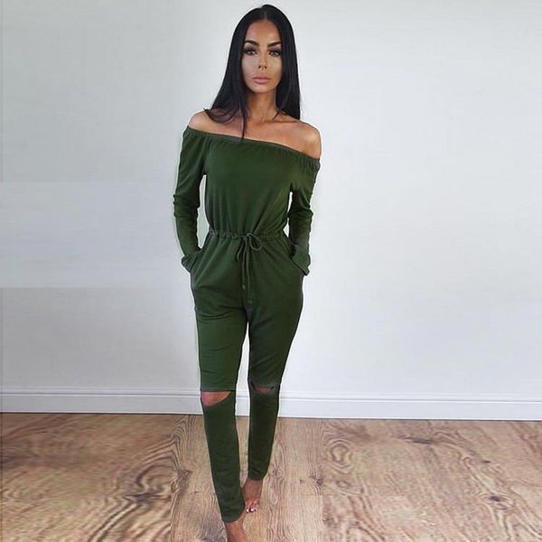 

women's jumpsuits & rompers bodycon off shoulder woman solid jumpsuit romper 2021 elegant lace up women overalls long sleeve one piece, Black;white