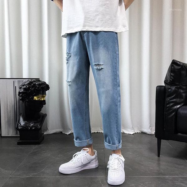 

men's blue jeans scratched harajuku fashoion pants 2020 vintage straight jeans streetwear denim pants black ankle-length quality1