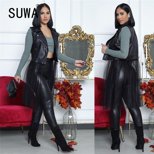 

women faux leather jacket 2021 new mesh patchwork loose pu woman classic moto biker jacket spring autumn lady coat cool girl, Tan;black