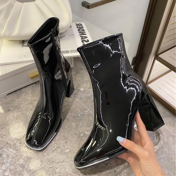 

ins 2020 luxury women square toe block high heels ankle boots designer patent leather boots lady warm fur zippers shoes, Black