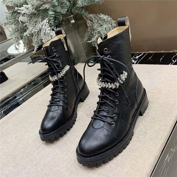 

prowow fashion real leather rome gladiator women boots round toe crystal chunky heel women autumn winter ankle boots shoes woman, Black
