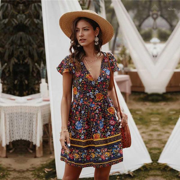 

boho style summer v neck button print dress 2020 new women ruffle short sleeve a-line dress vintage female1, White;black