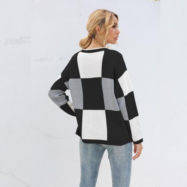 

women sweaters female casual knitted soft pullover long sleeve o neck plaid clothes loose jumper fall winter girls new outerwear1, White;black