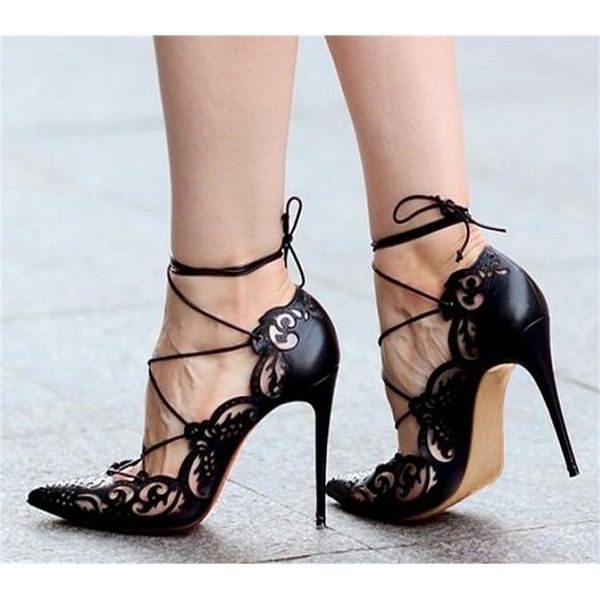 

moraima snc black blue nude leather laser high heel shoes pointed toe lace-up thin heels woman pumps dress shoes lj201112