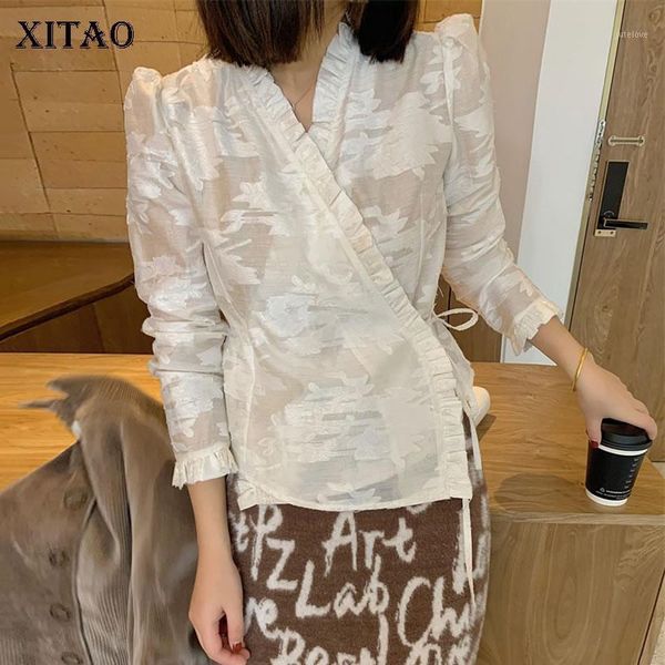 

xitao ruffle casual ruffles blouse women tassel trendy fashion v neck collar long sleeve lace up match all minority zxr12651, White