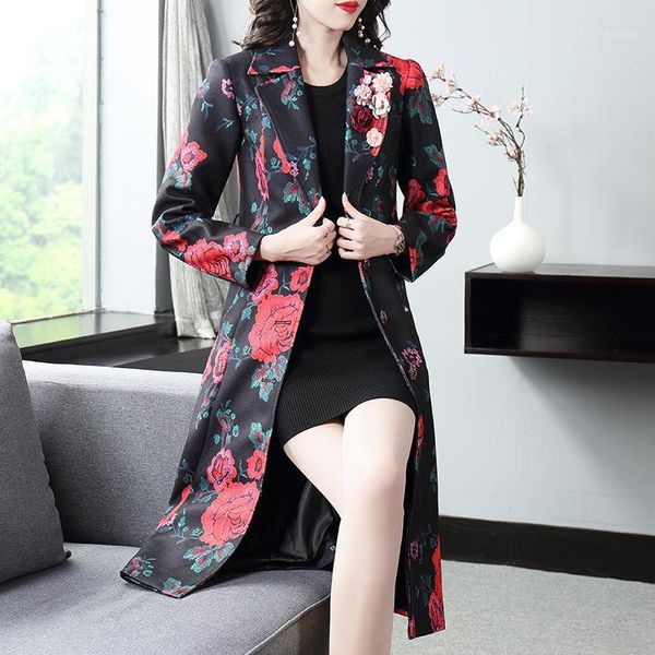 

2020 new turn down collar women trench coat floral print spring autumnfemale coat sash belted pockets ladies long overcoat1, Tan;black
