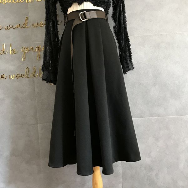

female winter cloth belt pleated skirt show thin skirts with elastic waist thick black a-line work career y1214