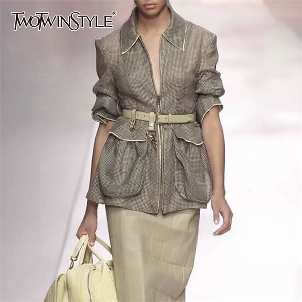 

twotwinstyle streetwear plus size long sleeve belt waisted army green large pocket coats and jackets women clothes summer 201210, Black;brown