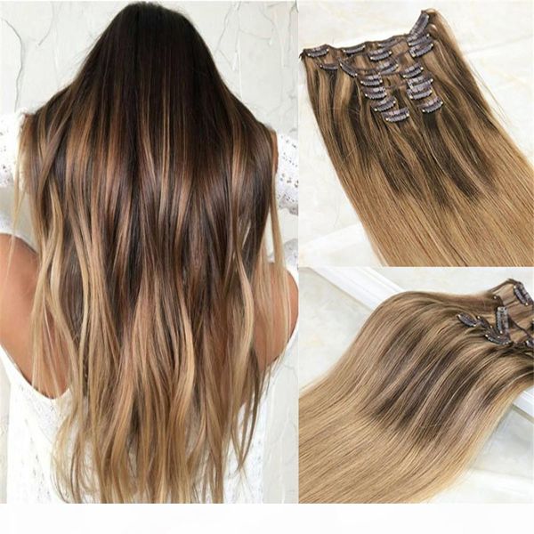 

выметание клип в наращивание волос # 4 темно-коричневый смешанный # 27 honey blonde и цвет # 10 golden brown extensions ombre бразильский че, Black