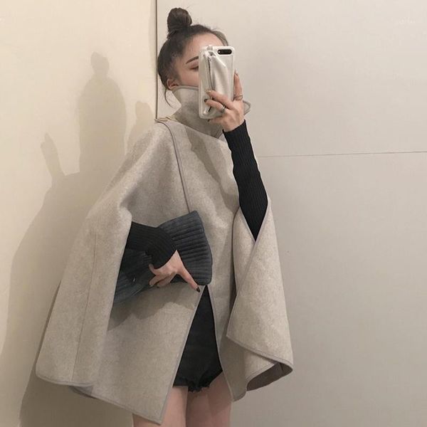 

2021 new women fashion woolen coat autumn winter loose casual solid color british style ladies cape outerwear abrigos para mujer1, Black