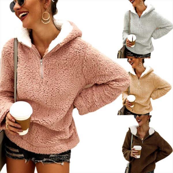 

fuzzy hoodies plush sweatshirt furry streetwear women poleron mujer 2020 plain thick hoodie stand neck warm tunic hoodie hipster, Black
