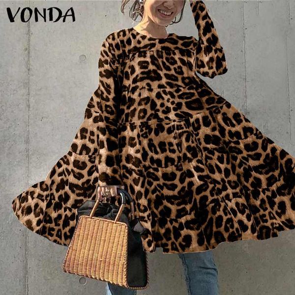 

short dress long sleeve spring sundress 2021 vonda vintage leopard print ruffled mini dress long robe vestido plus size, Black;gray