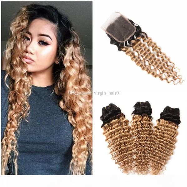 

honey blonde deep wave ombre human hair with lace closure 1b 27 strawberry blonde peruvian virgin hair bundles with closure fast ship, Black;brown