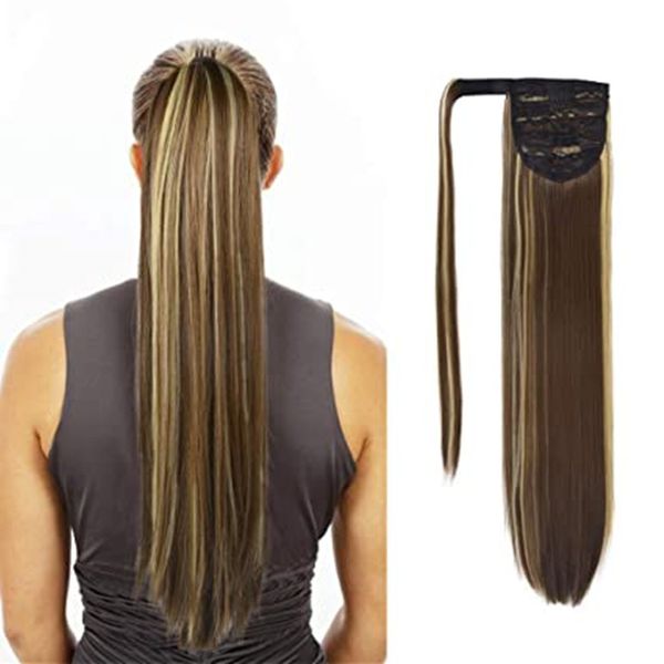 

brown mixed blonde natural highlights clip in ponytail extension ombre wrap around long straight hair hairpiece wraps human hairpiece, Black