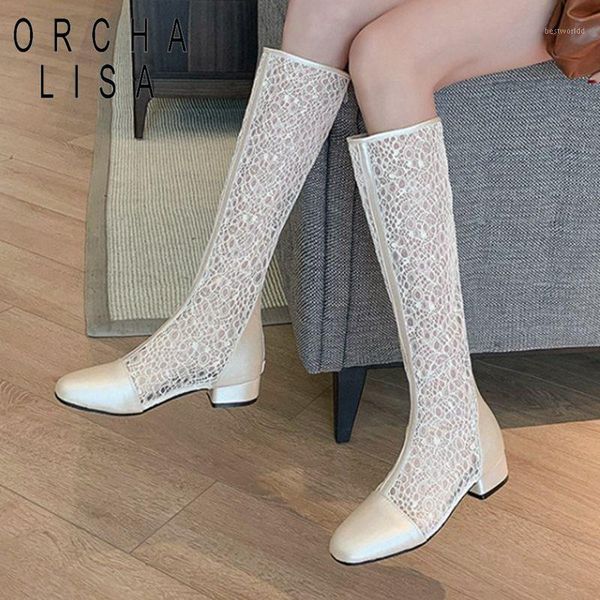 

boots orchalisa elegant hollowout booties woman cut-out air mesh knee spring summer low heel party shoes flower lace beige black1, Black