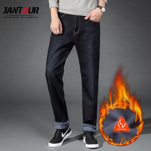 

men's jeans classic winter for men casual brand thick fleece loose straight warm elastic denim pants mens big size 30-44, Blue