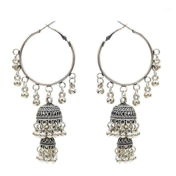 

hoop & huggie ethnic retro big round turkish bells jhumka earrings women's classic vintage turkey tibetan tassel bijoux jewelr1, Golden;silver