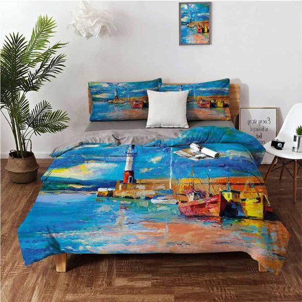 

маслом живописи в стиле маяк и лодки на море береговой городской прибрежный очарование изображений из 3-х частей набор