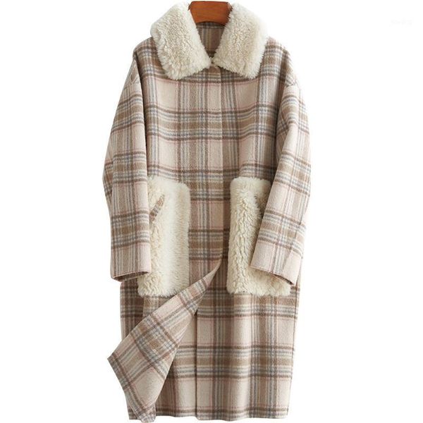 

spring autumn wool coat women korean fashion plaid woolen overcoat women clothes 2020 lamb fur collar casaco y19y01595 yy18971, Black