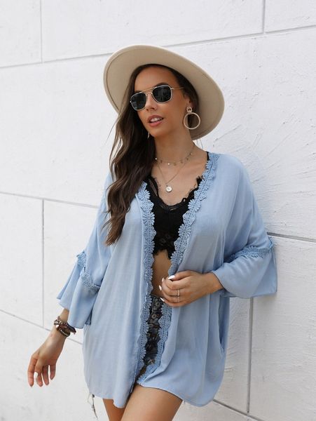 

appliques trim open front kimono l4o1#, White;black