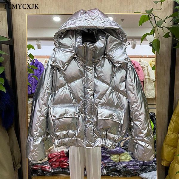 

winter 2020 short disposable down parka jacket women bright face waist plus size new korean version hooded stand-up collar coats, Black