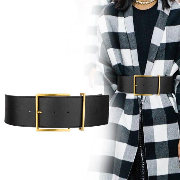 

fashion women wide belt vintage gold big metal pin buckle waistbands female black pu leather belts dress coat waist corset strap, Black;brown