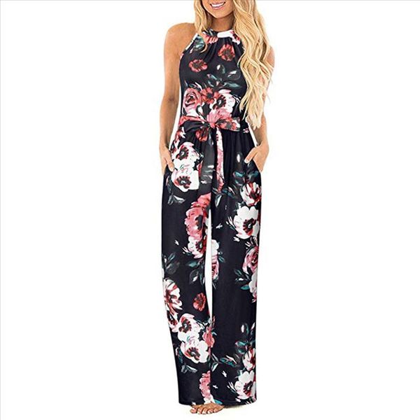 

jumpsuits for women bodysuit halter neck sleeveless floral long jumpsuit loose belted pocket jumpsuit combishort femme xb20, Black;white