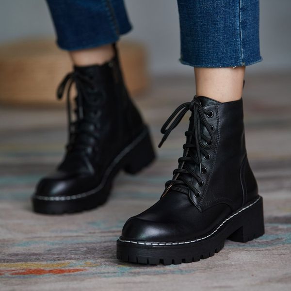 

mljuese 2021 women ankle boots cow leather winter short plush round toe black color high heels women riding boots party dress