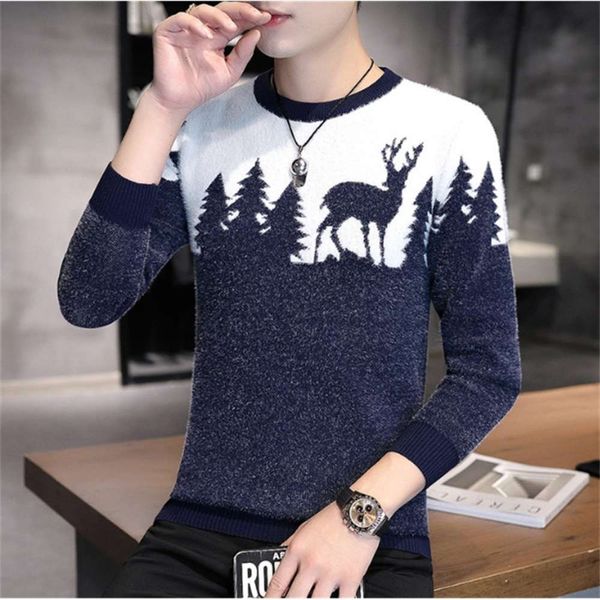 

o-neck knitted for men fashion autumn christmas deer pattern warm long sleeve outerwear slim fit pullover sweater male8uy, Black