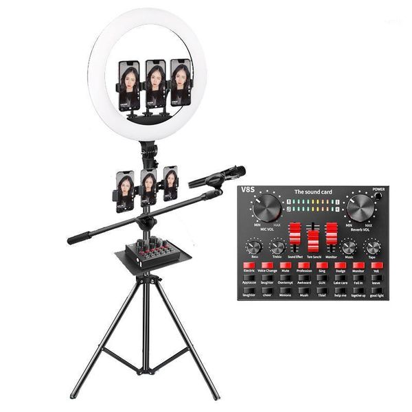 

flash heads led pography ring light 18inch dimmable video lamp 6 phone holders with microphone sound card floor stand for po studio1