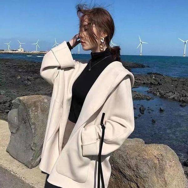 

women's wool & blends autumn winter solid button lapel pocket woolen coat clothing vintage long women, Black