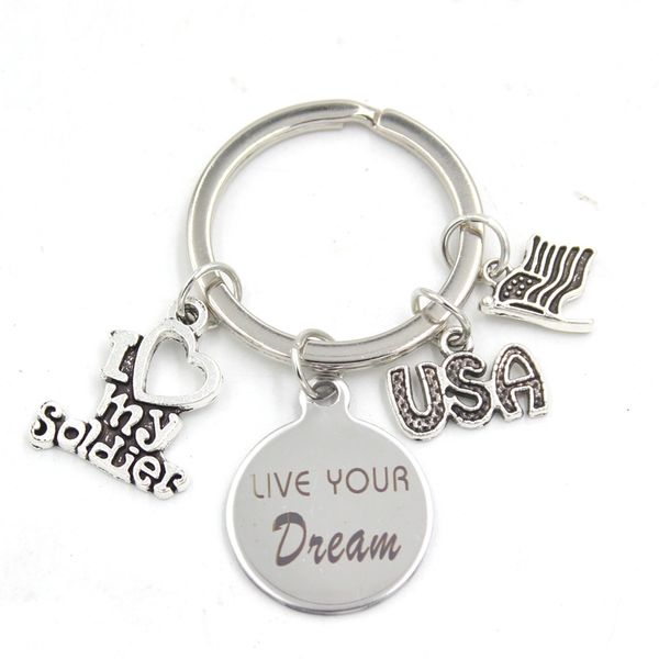 

designer new arrival stainless steel key chain key ring usa flag i love my soldier keychain keyring soldier gifts for men women jewelry, Slivery;golden