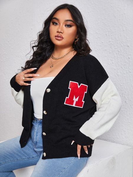 

plus letter embroidery colorblock drop shoulder cardigan i1ie#, Black