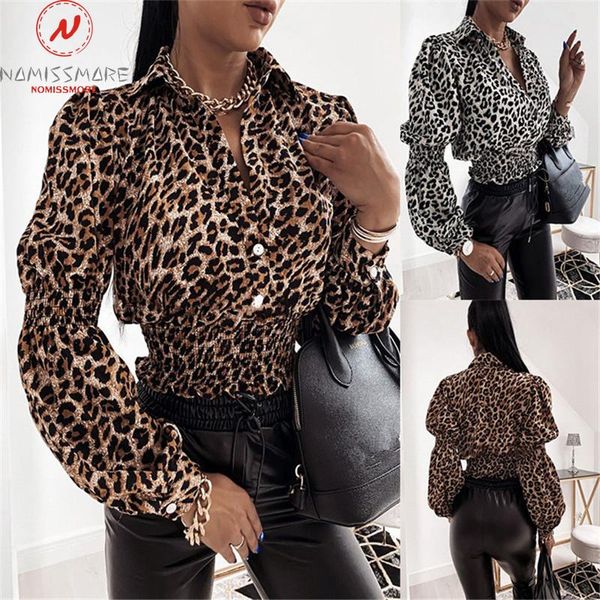 

fashion women leopard print shirts shrinkage design button decor turn-down collar long sleeve spring autumn slim cardgian top, White