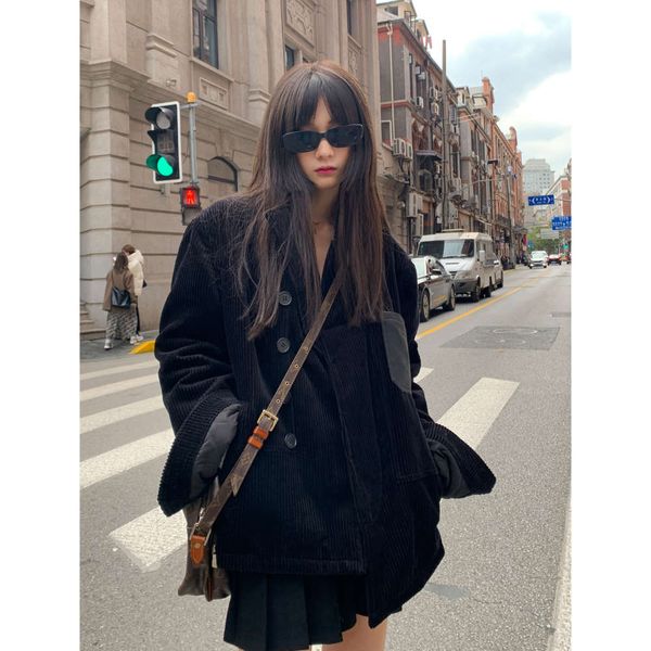 

xinlei lin black corduroy suit coat for women, White;black