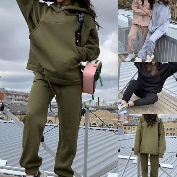 

fashion women winter hoodie and pants 2 pieces set loose warm sweatshirt long sleeve pocket army green suit female tracksuit new, Gray