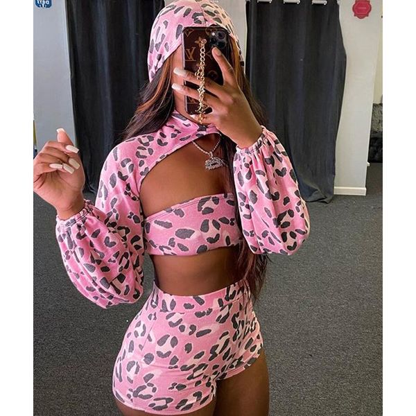 

stylish lady leopard printed 3 piece set women long sleeve hooded oversleeve crop and shorts set 2020 autumn outfits, Gray