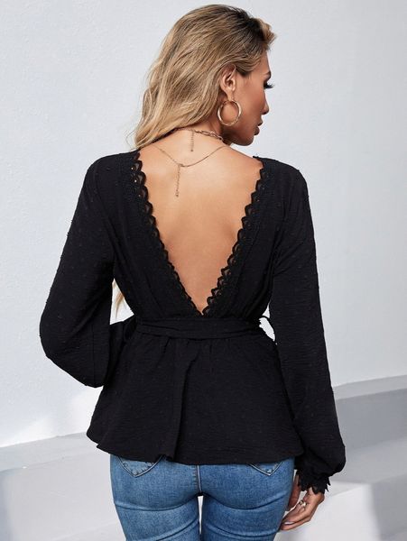 

swiss dot lace trim v back belted blouse s3fo#, White