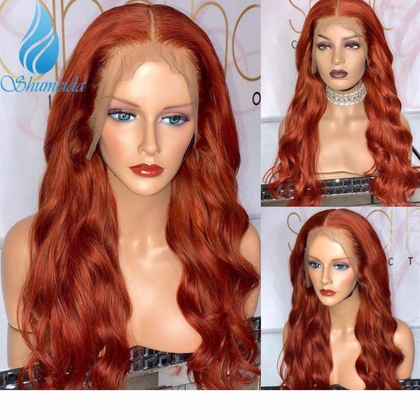 

shumeida orange red color 13*6 lace front wigs with baby hair body wave remy human hair wigs with bleached knots, Black;brown