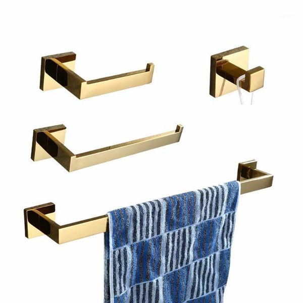 

golden 304 stainless steel 4pcs bathroom accessories set single towel bar towel ring holder toilet paper holder robe hook1