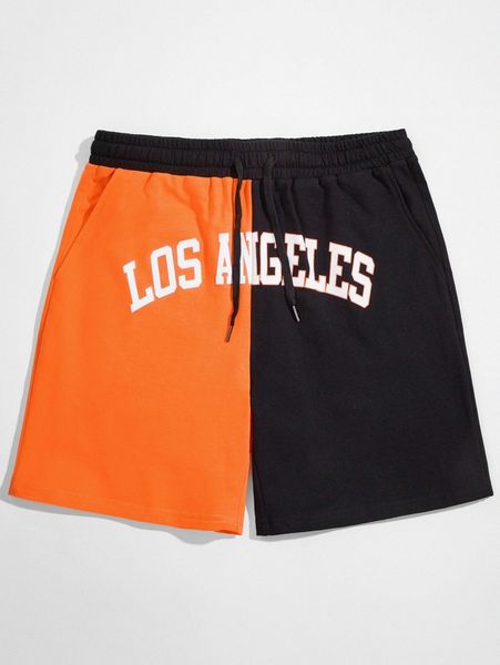 

men letter & colorblock graphic track shorts set k2f4#, Black
